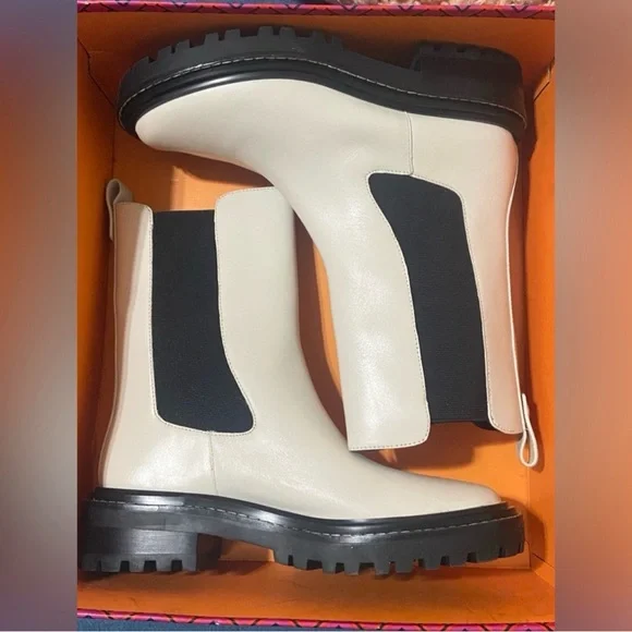 Tory Burch Benton Slip on Moto Cream and Black Ankle Boots - Picture 2 of 13